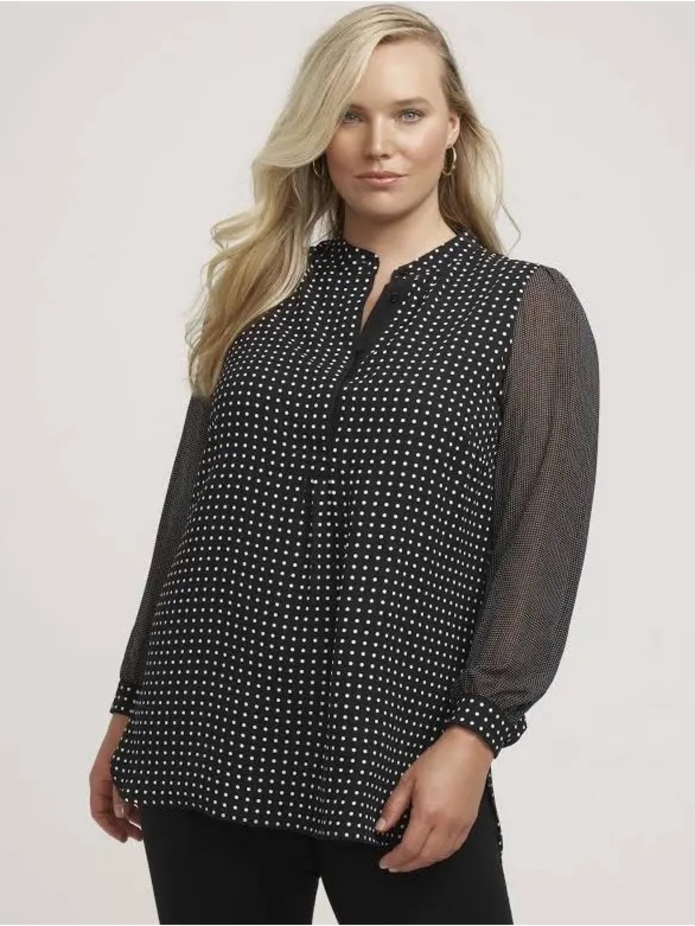 Anne Klein Plus 3X Black White Sheer Mini Dot Poet Blouse Henley Pleat